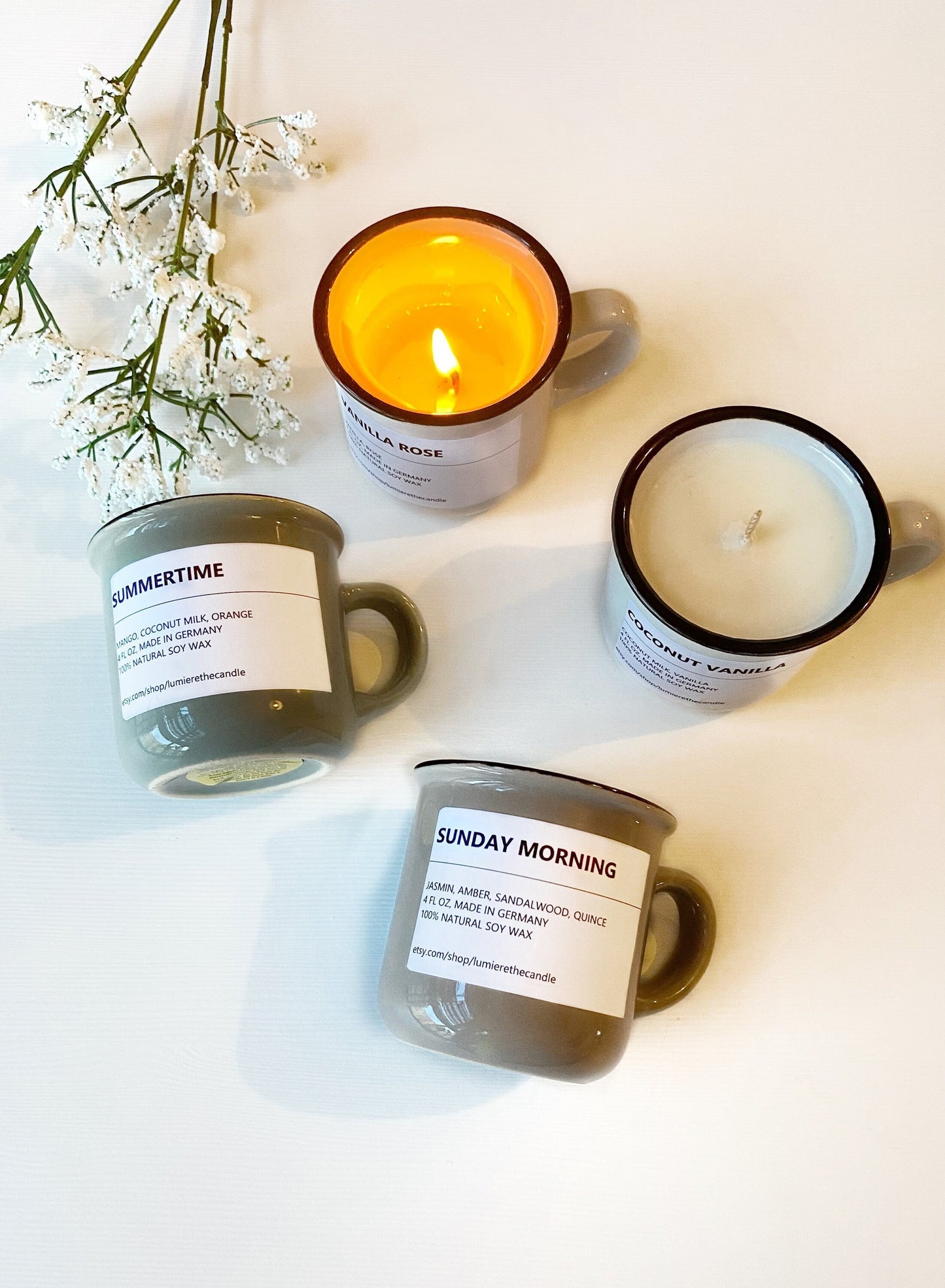 Soymug lumierethecandle Kerzen in emaille tasse in weiß und braun und grau