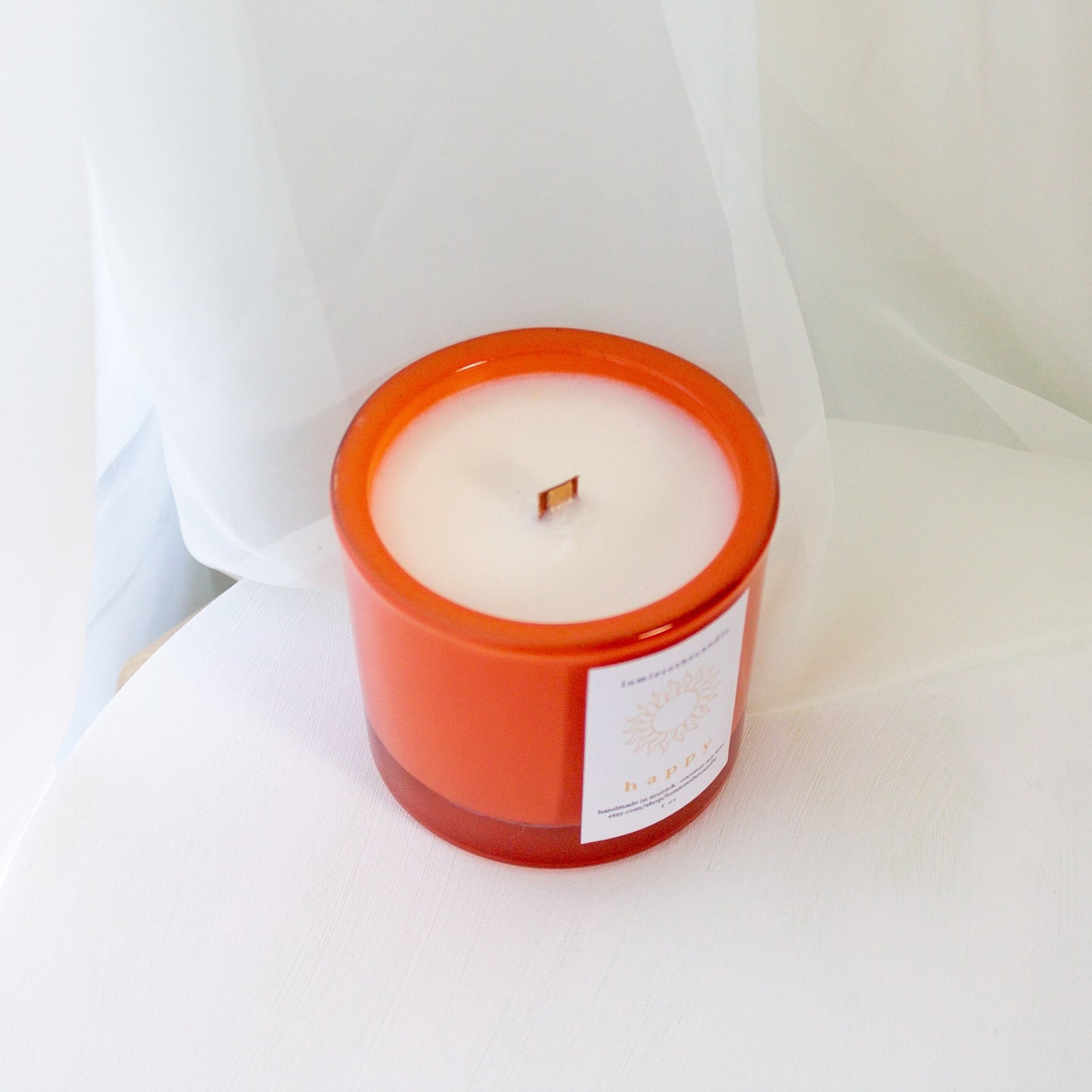 Kerze Happiness mit holzdocht und soja-kokoswachs in glas orange Duftkerze von lumierethecandle
