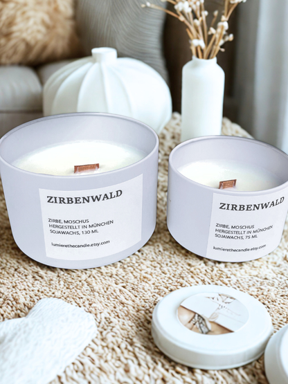 Zirbenkerze Zirbenwald 130 ml und 75 ml aus Sojawachs von lumierethecandle mit Holzdocht