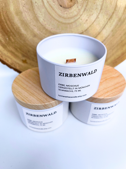 Zirbenkerze Zirbenwald 75 ml Geschenkgröße mit Holzdocht von lumierethecandle aus Sojawachs
