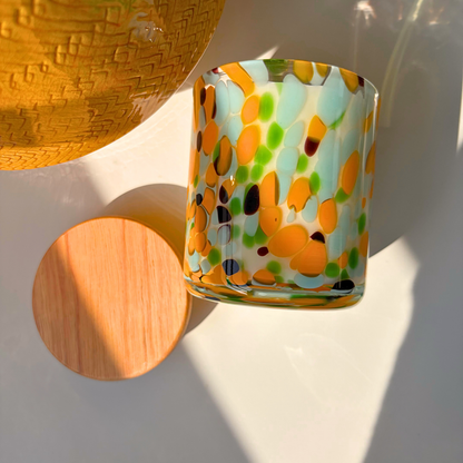 happy kerze holzdocht orange blau grün glas sojawachs mit deckel